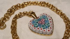 argint aurit MEDALION INIMIOARA cu sticla MURANO MILLEFIORI pe Lant argint