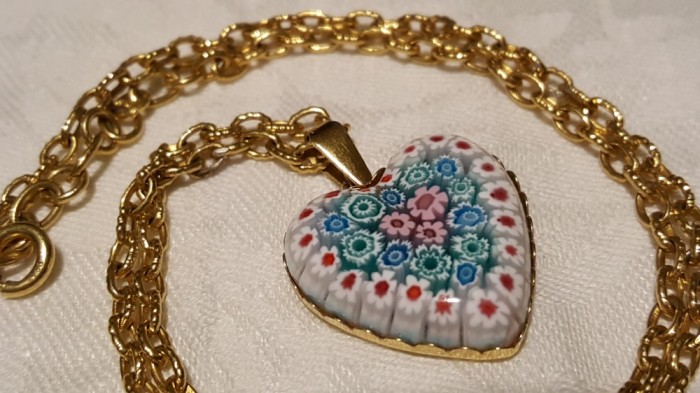 argint aurit MEDALION INIMIOARA cu sticla MURANO MILLEFIORI pe Lant argint