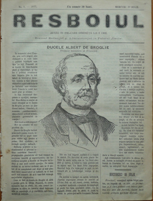 Ziarul Resboiul , nr. 5 , 1877 , gravuram Ducele Albert de Broglie