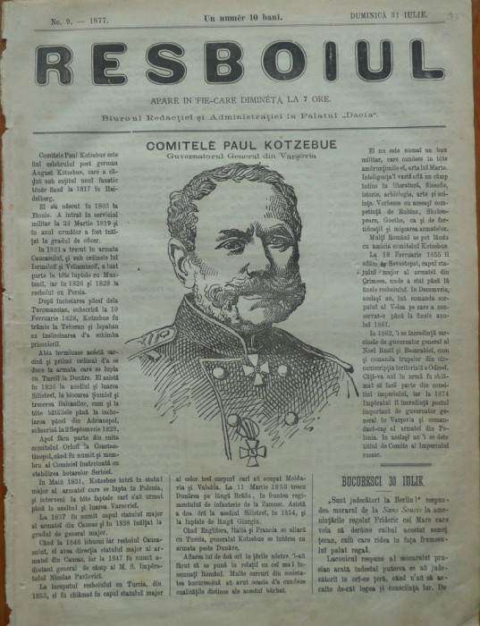Ziarul Resboiul, nr. 9, 187 , gravura, Contele Kotzebue, Guvernatorul Varsoviei