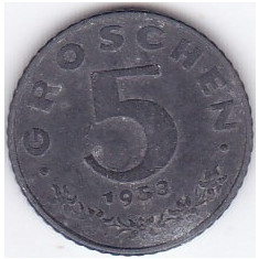 Moneda Austria 5 Groschen 1953 - KM#2875 VF+ ( zinc )