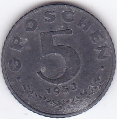 Moneda Austria 5 Groschen 1953 - KM#2875 VF+ ( zinc ) foto