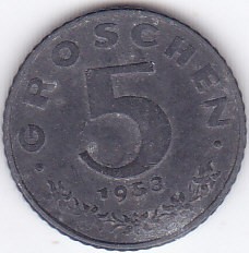 Moneda Austria 5 Groschen 1953 - KM#2875 VF+ ( zinc )