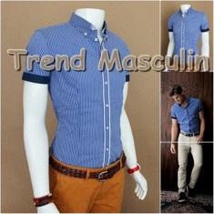 Camasa Barbati Slim Fit Cambrata Casual Eleganta Albastra Dungi Maneci Scurte foto