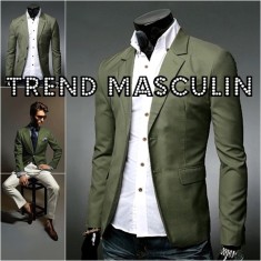 Sacou Blazer Barbati Casual Elegant Cambrat Slim Verde Army Masliniu 2 Nasturi foto