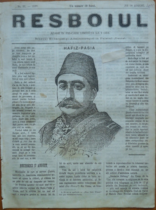 Ziarul Resboiul , nr. 27 , 1877 , gravura ; Hafiz Pasa