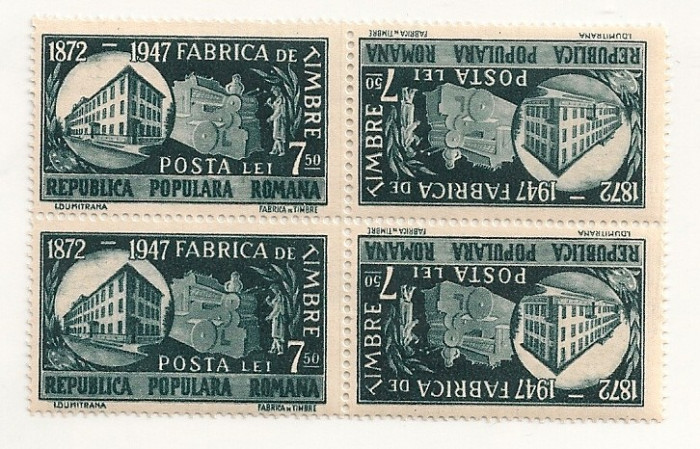 Lp 227 - 75 de ani de la infiintarea fabricii de timbre -completa -blocuri de 4