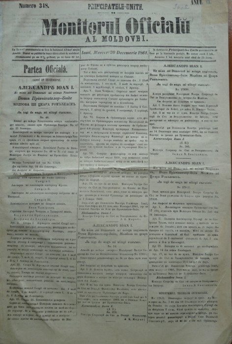 Principatele Unite , Monitorul oficial al Moldovei , Iasi , nr. 348 , 1861