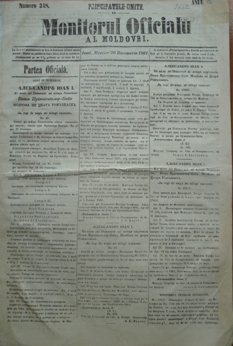 Principatele Unite , Monitorul oficial al Moldovei , Iasi , nr. 348 , 1861