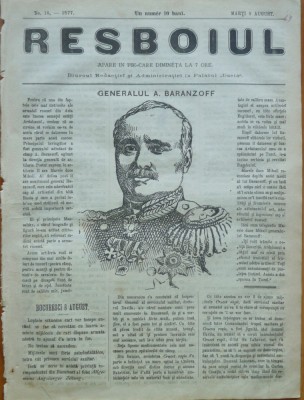 Ziarul Resboiul , nr. 18 , 1877 , gravura ; Generalul A. Baranzoff foto