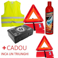 Kit 100% Omologat Complet Auto Cod Rutier - Stingator Tip Spray, Trusa Medicala, Triunghi, Vesta + 1 Triunghi CADOU foto