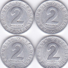 Moneda Austria 2 Groschen 1950/51/52/54 - KM#2876 XF ( set 4 monede )