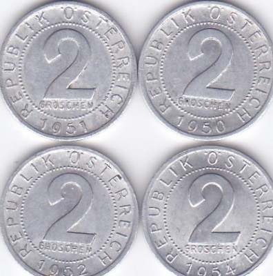 Moneda Austria 2 Groschen 1950/51/52/54 - KM#2876 XF ( set 4 monede ) foto