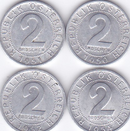 Moneda Austria 2 Groschen 1950/51/52/54 - KM#2876 XF ( set 4 monede )