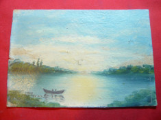 Pictura ulei pe carton - Peisaj - Lac -semnata Popescu ,dim.= 14x9,6 cm foto