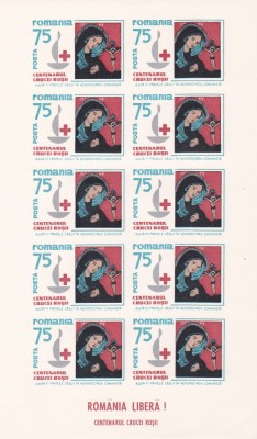 ROMANIA SPANIA EXIL CRUCEA ROSIE 1963 MINISHEET 10 TIMBRE PERFORATE NEUZATE foto