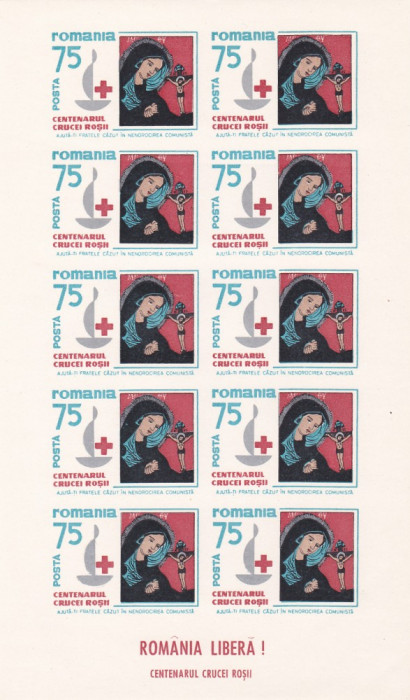 ROMANIA SPANIA EXIL CRUCEA ROSIE 1963 MINISHEET 10 TIMBRE PERFORATE NEUZATE