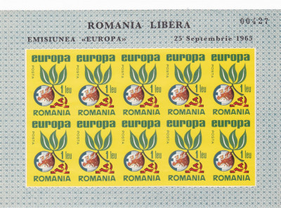 ROMANIA SPANIA EXIL EUROPA 1965 MINISHEET 10 TIMBRE IMPERFORATE NEUZATE foto