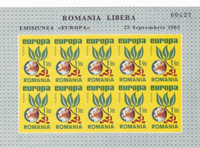 ROMANIA SPANIA EXIL EUROPA 1965 MINISHEET 10 TIMBRE IMPERFORATE NEUZATE foto