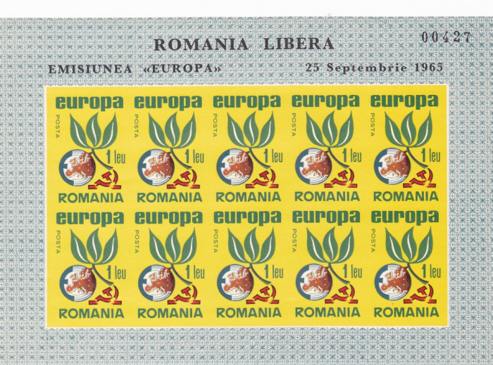 ROMANIA SPANIA EXIL EUROPA 1965 MINISHEET 10 TIMBRE IMPERFORATE NEUZATE