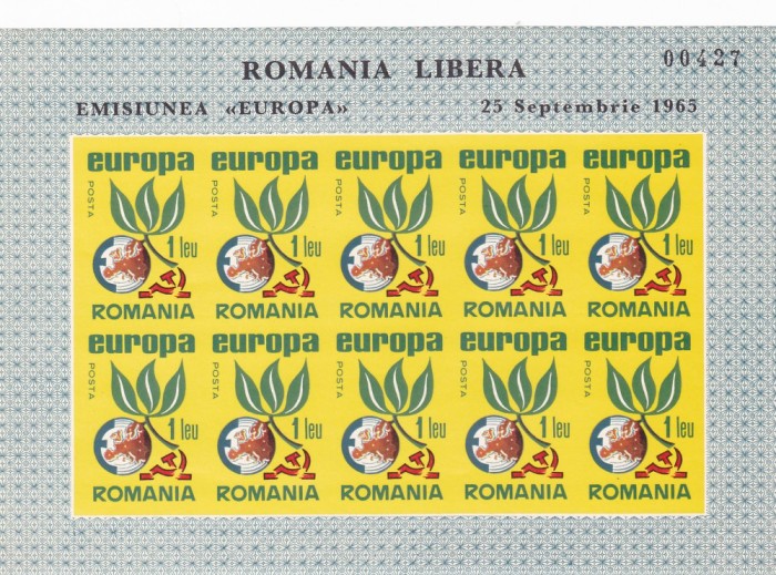 ROMANIA SPANIA EXIL EUROPA 1965 MINISHEET 10 TIMBRE IMPERFORATE NEUZATE