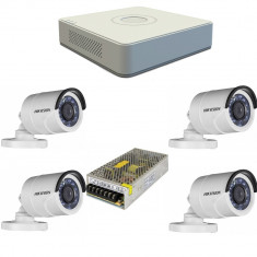 Kit camere+ sursa 10 A Hikvision 4 camere rezolutie 720p si infrarosu la 20 m, vizualizare pe telefon, acces internet foto