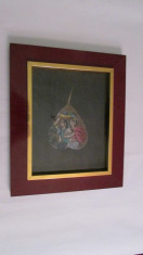 2-TABLOU-arta indiana-pictura pe frunza,sticla de protectie,vintage foto