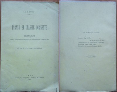 A. C. Cuza, Taranii si clasele dirigente, Iasi, 1895, editia 1 foto