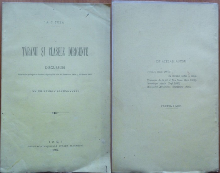 A. C. Cuza, Taranii si clasele dirigente, Iasi, 1895, editia 1