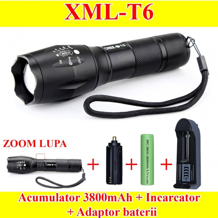 Lanterna LED CREE XML T6 cu ZOOM + Acumulator 3800mAh REALI+ Incarcator retea foto mare Lanterna LED CREE XML T6 cu ZOOM + Acumulator 3800mAh REALI+ Incarcator retea foto mare