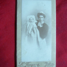 Fotografie cartonata - Bona si Bebelus - Foto J.Jacques Paris ,dim.= 4,3 x 8 cm