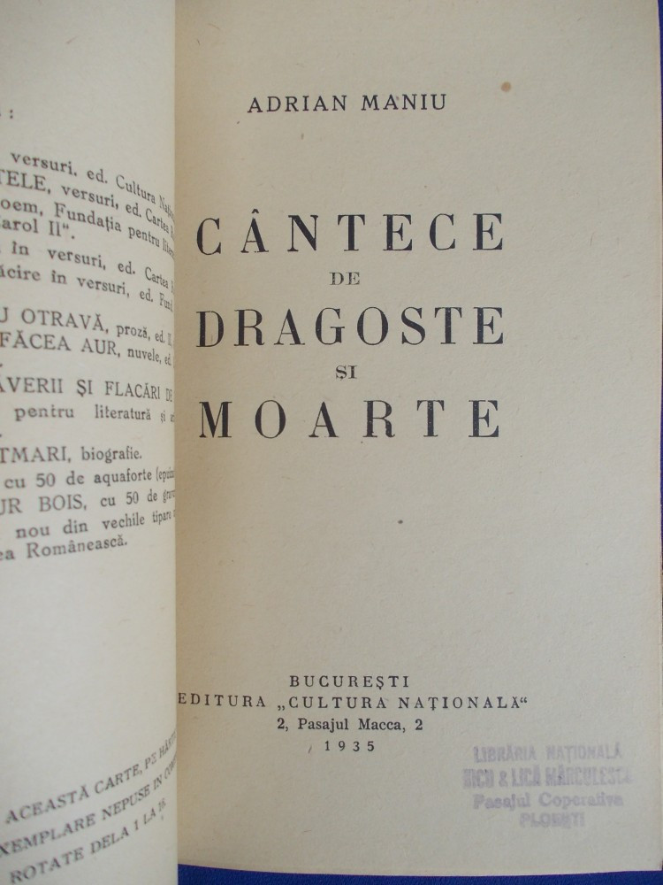 ADRIAN MANIU - CANTECE DE DRAGOSTE SI MOARTE ( VERSURI ) - EDITIA 1-A - 1935  | Okazii.ro