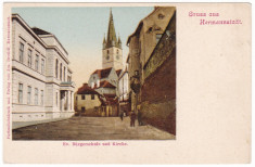 #2028- Romania, Hermannstadt, Sibiu, c.p. necirc. apr. 1900: Scoala si biserica foto