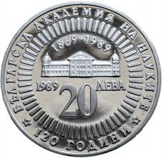 BULGARIA - 1989: 20 LEVA AG 500/1000, 120 ANI ACADEMIA DE STIINTE, PROOF, KM183 foto