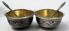 2 sosiere cu lingurite de argint masiv si cupele de sticla Franta sec 19 foto