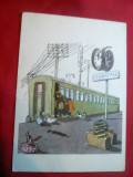 Ilustrata comica 1963 - Gara Leningrad si personaj cu bagaje multe -prinde tren