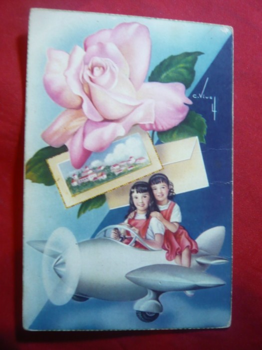 Ilustrata - Felicitare - Fetite in avion -Spania , semnata C.Vinet