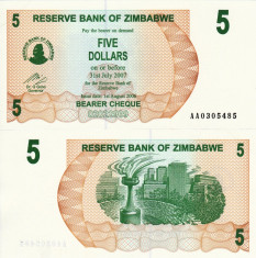 ZIMBABWE 5 dollars 2006 BEARER CHEQUE UNC!!! foto