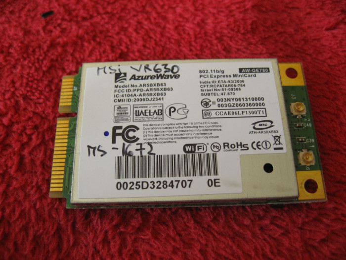 Placa de retea wireless laptop MSI VR630 MS-1672, AzureWave AR5BXB63, AW-GE780