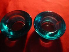 2 Recipiente din sticla groasa albastru-verde - pt. lumanari sau sare si piper foto