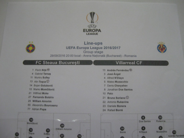 Foaie de joc Steaua Bucuresti-Villarreal (29.09.2016)