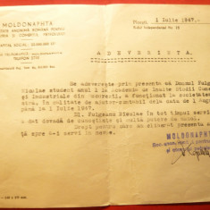 Adeverinta a Intrepr. Sovram Moldonaphta - Comert Petrol ,la 1 iulie 1947