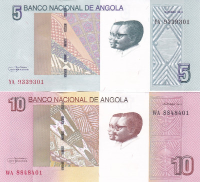 Bancnota Angola 5 si 10 Kwanzas 2012 - P151A/151B UNC ( set 2 bancnote ) foto