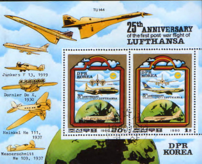 Korea de Nord - Avioane de transport 1980 - Lufthansa 25 ani- Bloc stampilat