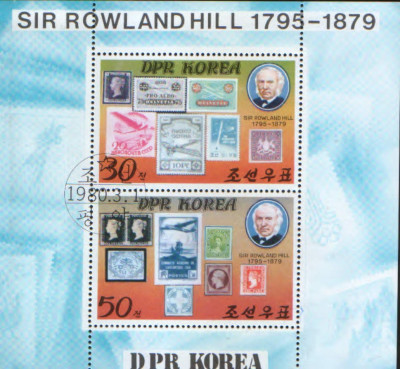 Korea de Nord - Istorie postala 1980-R.Hill,inventatorul stampilei - Bloc stamp. foto