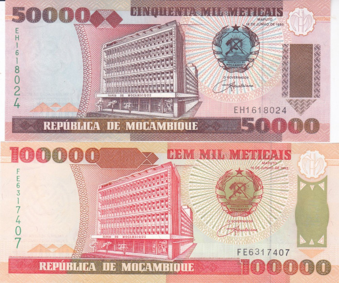 Bancnota Mozambic 50.000 si 100.000 Meticais 1993 - P138/139 UNC ( 2 bancnote )