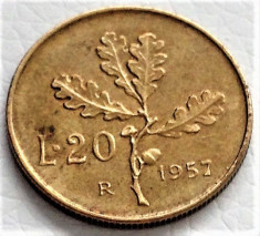 20 lire 1957 R, Italia, varianta 7 cu piciorus, stare XF foto