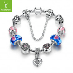 BRATARA tip PANDORA 9 charm lant de siguranta plc argint 925 - INIMA ROZ bleu foto