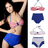 Costum de baie roz-portocaliu pin up cu buline model retro, Albastru, Doua piese, L