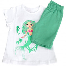 Tricou si pantaloni Mica Sirena Disney, alb si verde, pentru fetite foto